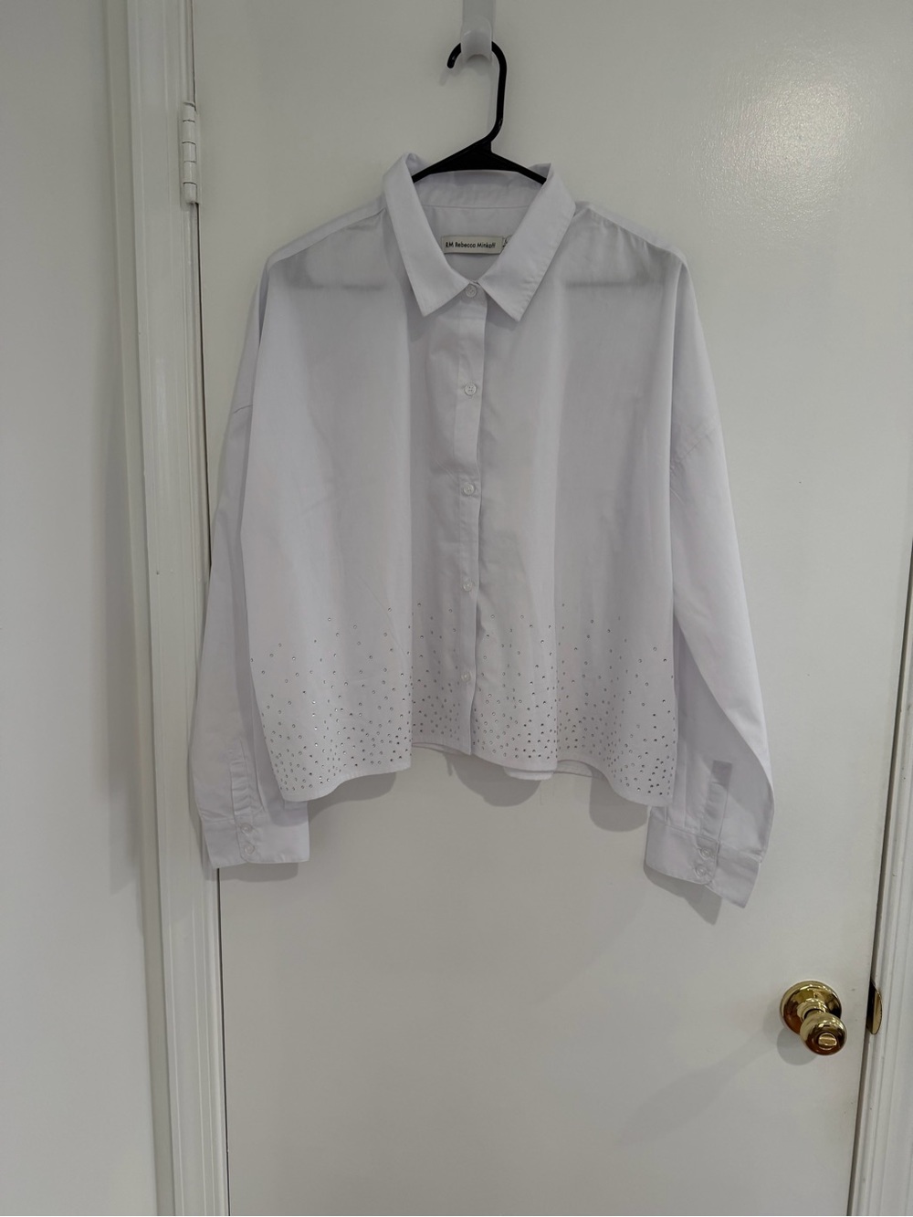 Rebecca Minkoff White Button Down Shirt Womens XL Cropped Rhinestone Old Money